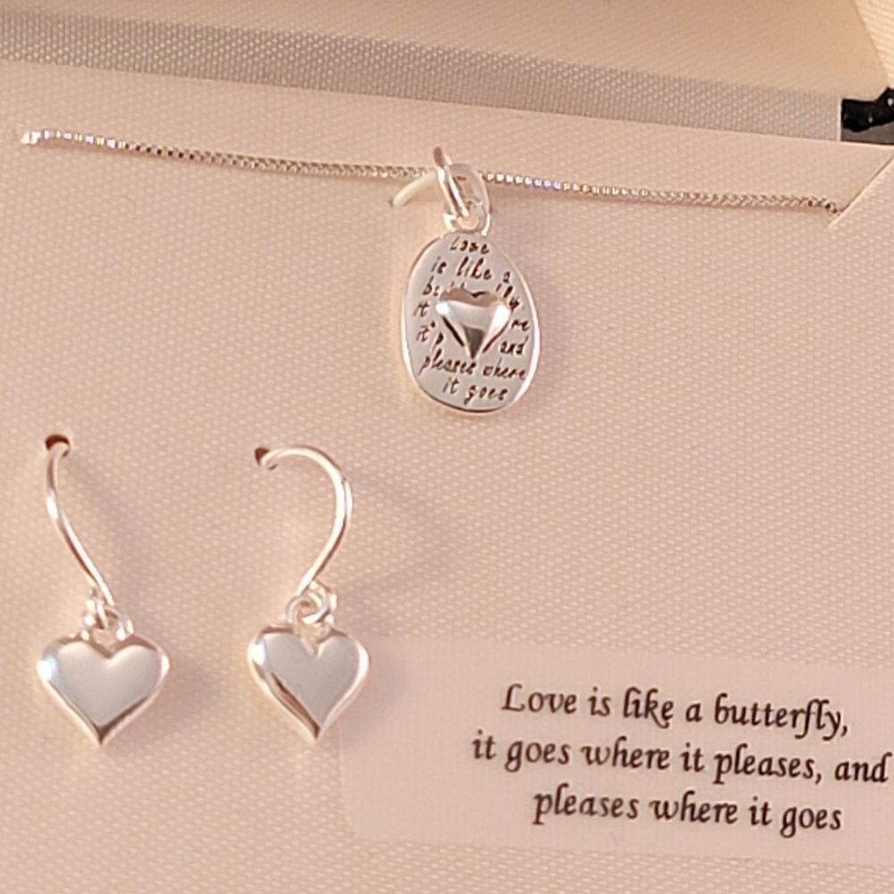 Sterling Inspirational Words Heart Necklace & Drop Earrings Set - Ne…